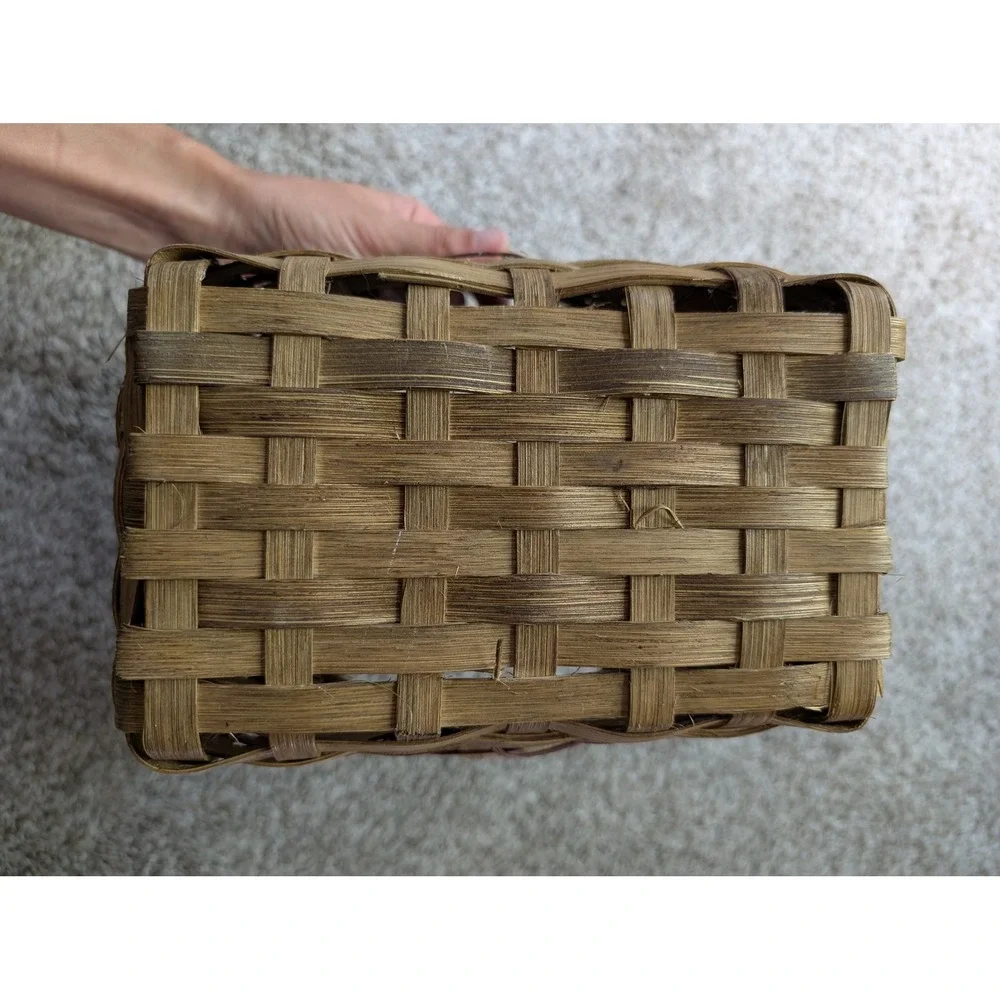 Woven Splint Wood Basket Small Brown Red Good Rustic Farmhouse Cottagecore